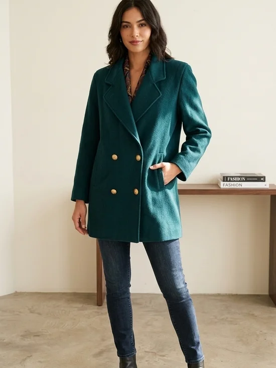 Vintage Double-Breasted Forest Green Wool Blend Peacoat Size 8 - Picture 1 of 9